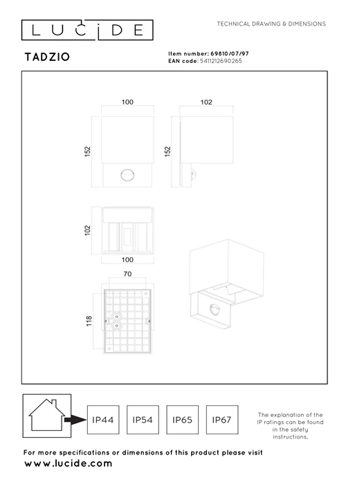 Lucide TADZIO - Lámpara de pared Dentro/Fuera - LED - CCT - 1x7W 2700K/4000K - IP65 - Sensor movimiento - Marrón óxido - Essential - técnico